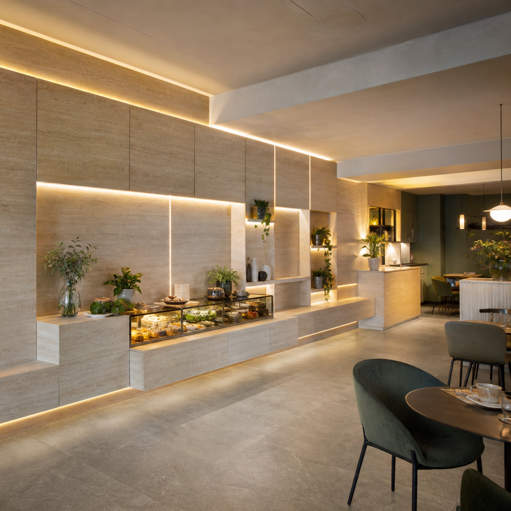 Parete commerciale full wall Travertino HPL 3