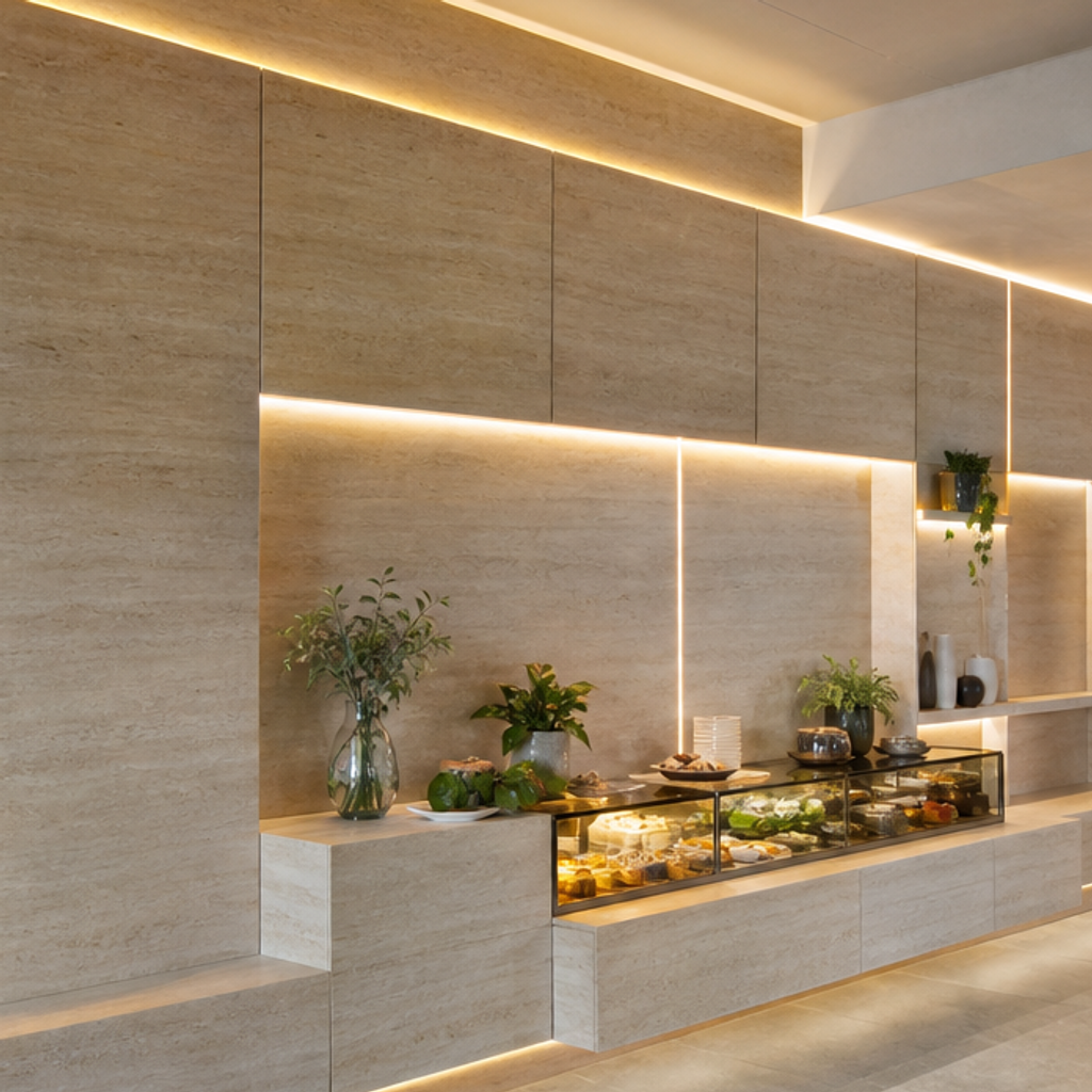 Parete commerciale full wall Travertino HPL 4