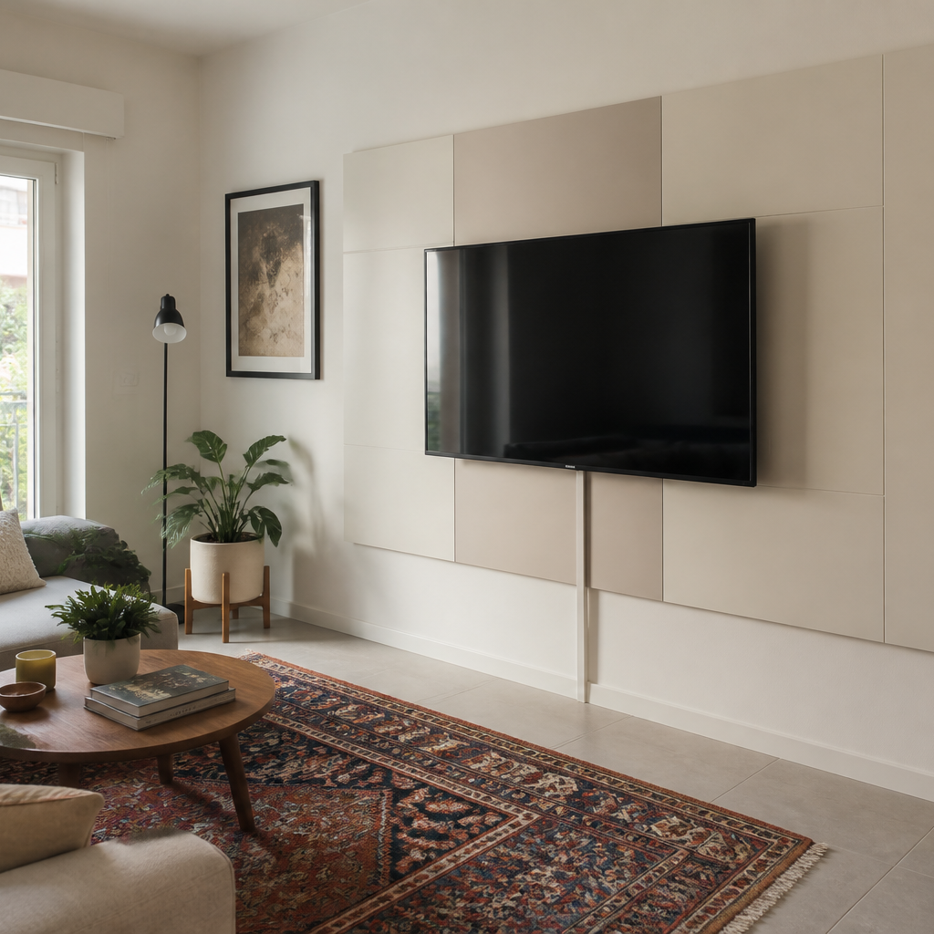 Parete TV minimal con cavi nascosti Canapa Calma 1