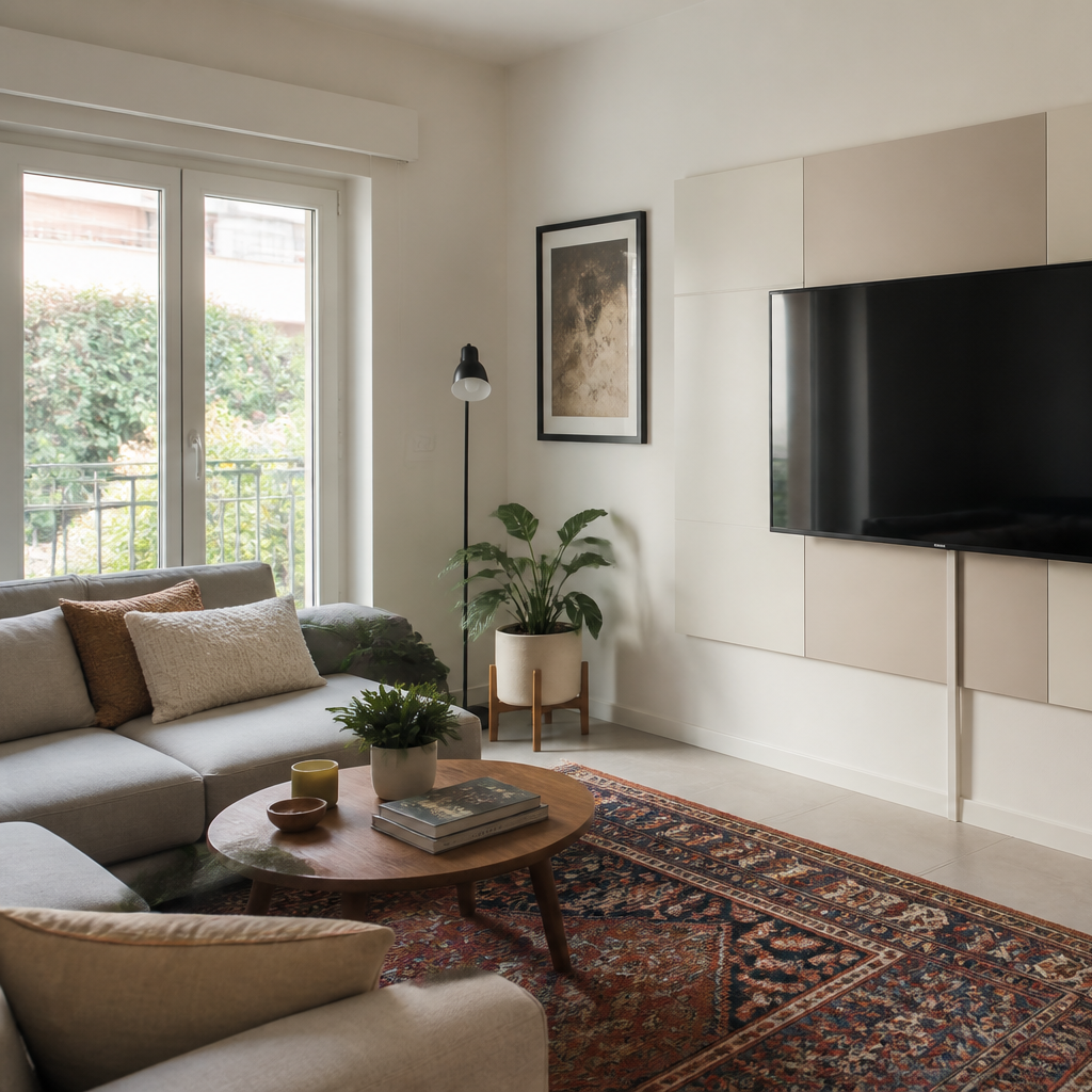 Parete TV minimal con cavi nascosti Canapa Calma 2