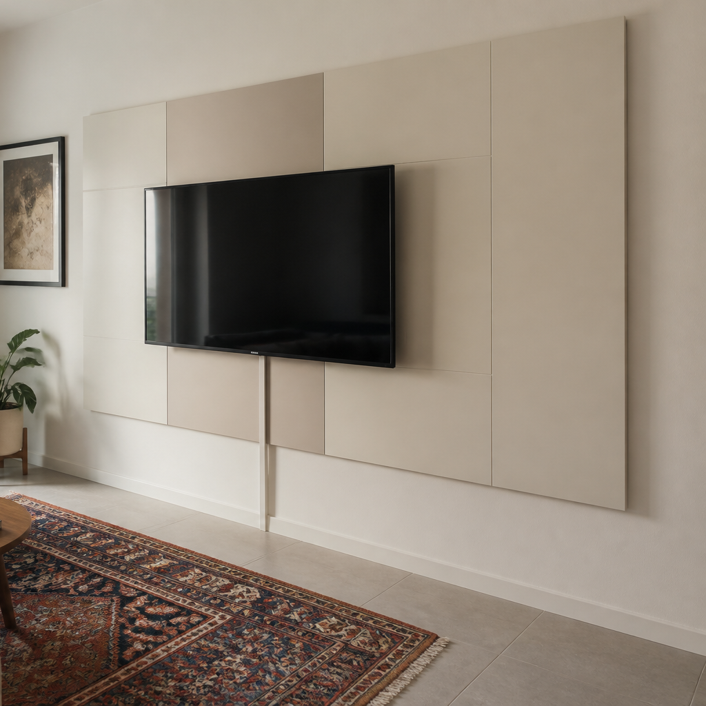 Parete TV minimal con cavi nascosti Canapa Calma 3
