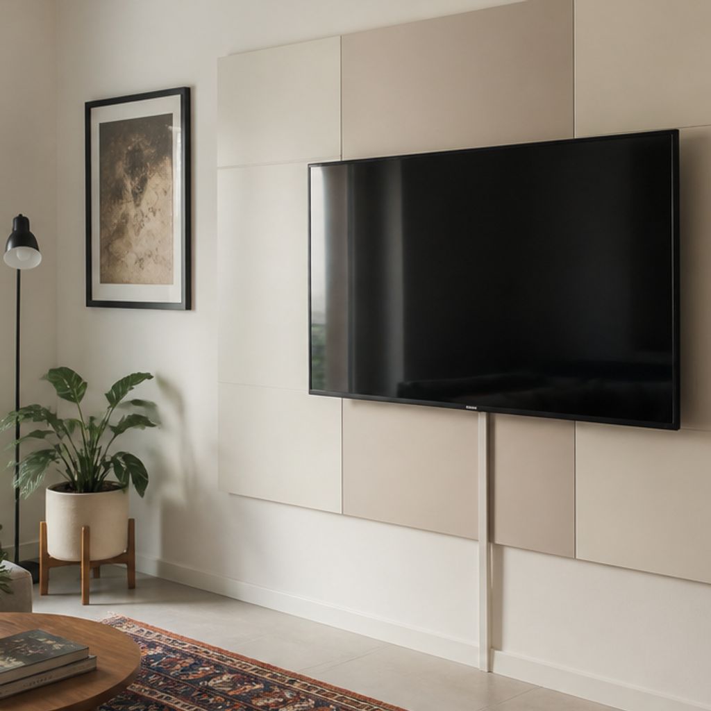 Parete TV minimal con cavi nascosti Canapa Calma 4
