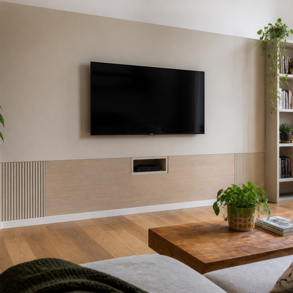 Parete TV minimal con cavi nascosti Rovere Linea 1