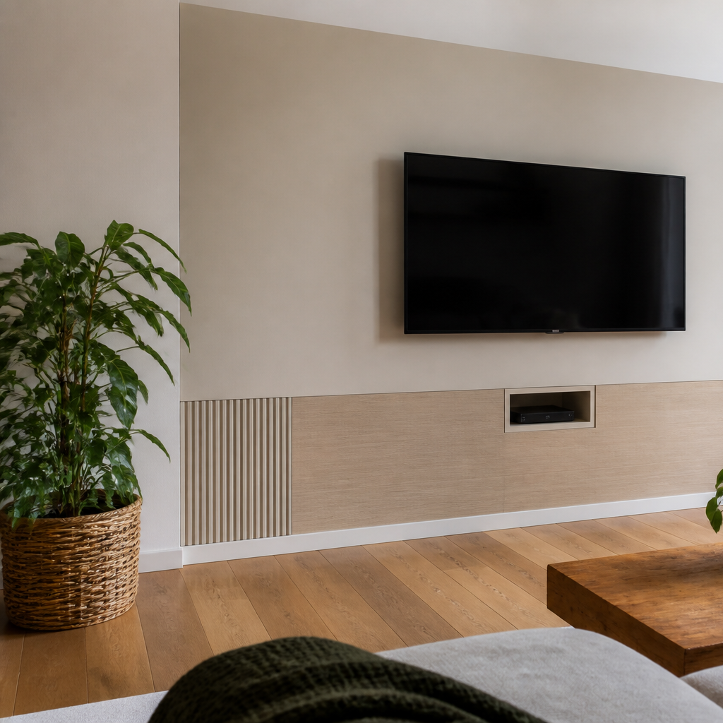 Parete TV minimal con cavi nascosti Rovere Linea 2