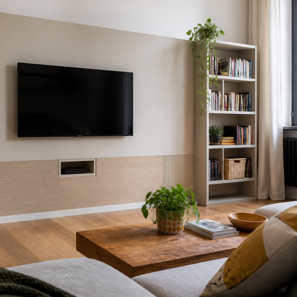 Parete TV minimal con cavi nascosti Rovere Linea 3