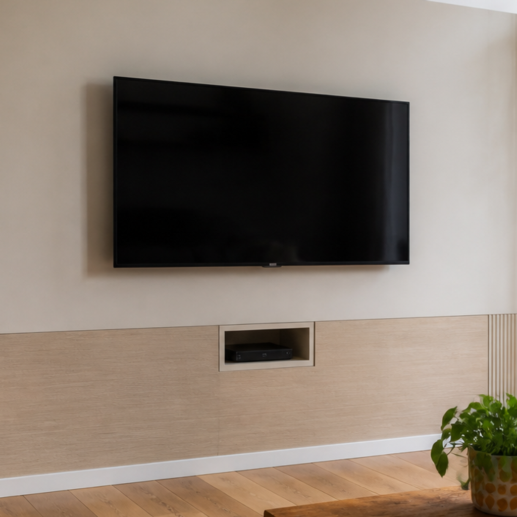 Parete TV minimal con cavi nascosti Rovere Linea 4