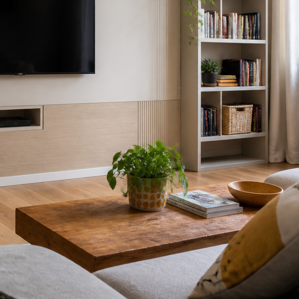 Parete TV minimal con cavi nascosti Rovere Linea 5