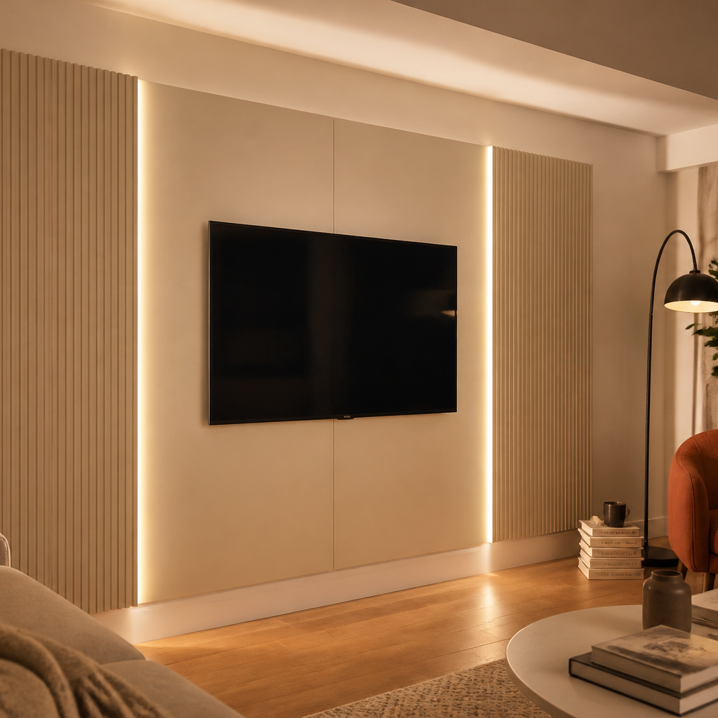 Parete TV minimal con cavi nascosti Canapa Ritmo 1