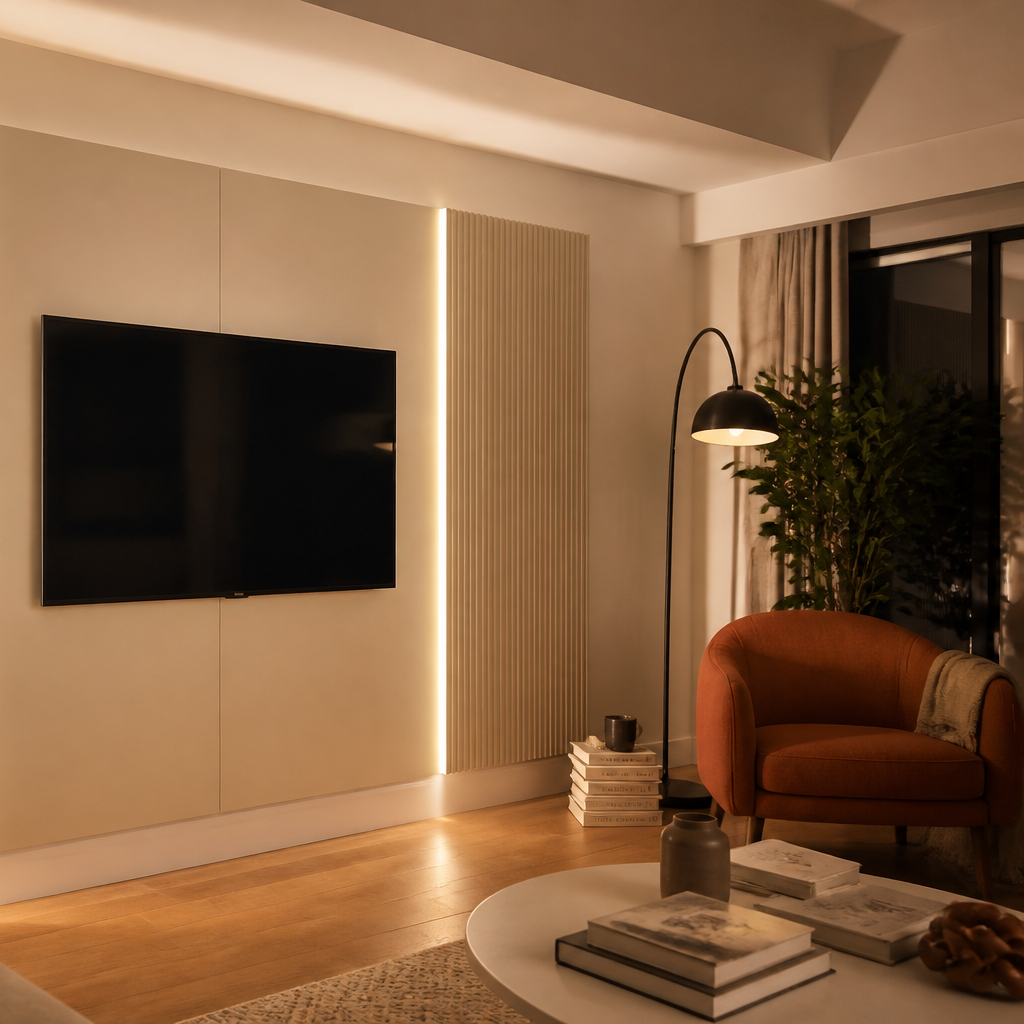 Parete TV minimal con cavi nascosti Canapa Ritmo 3