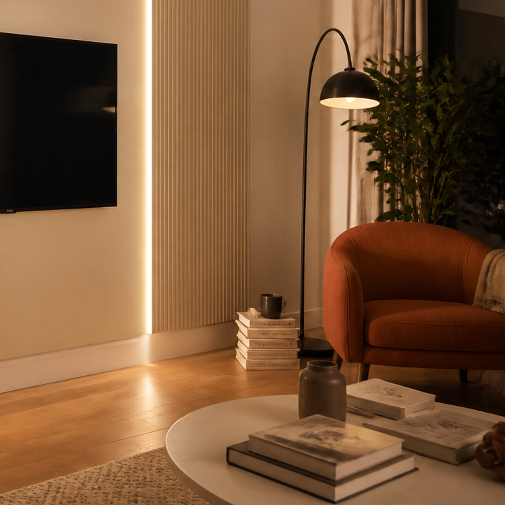 Parete TV minimal con cavi nascosti Canapa Ritmo 5