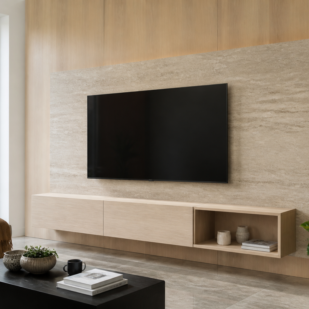 Parete TV con mobile sospeso Travertino Profilo 1