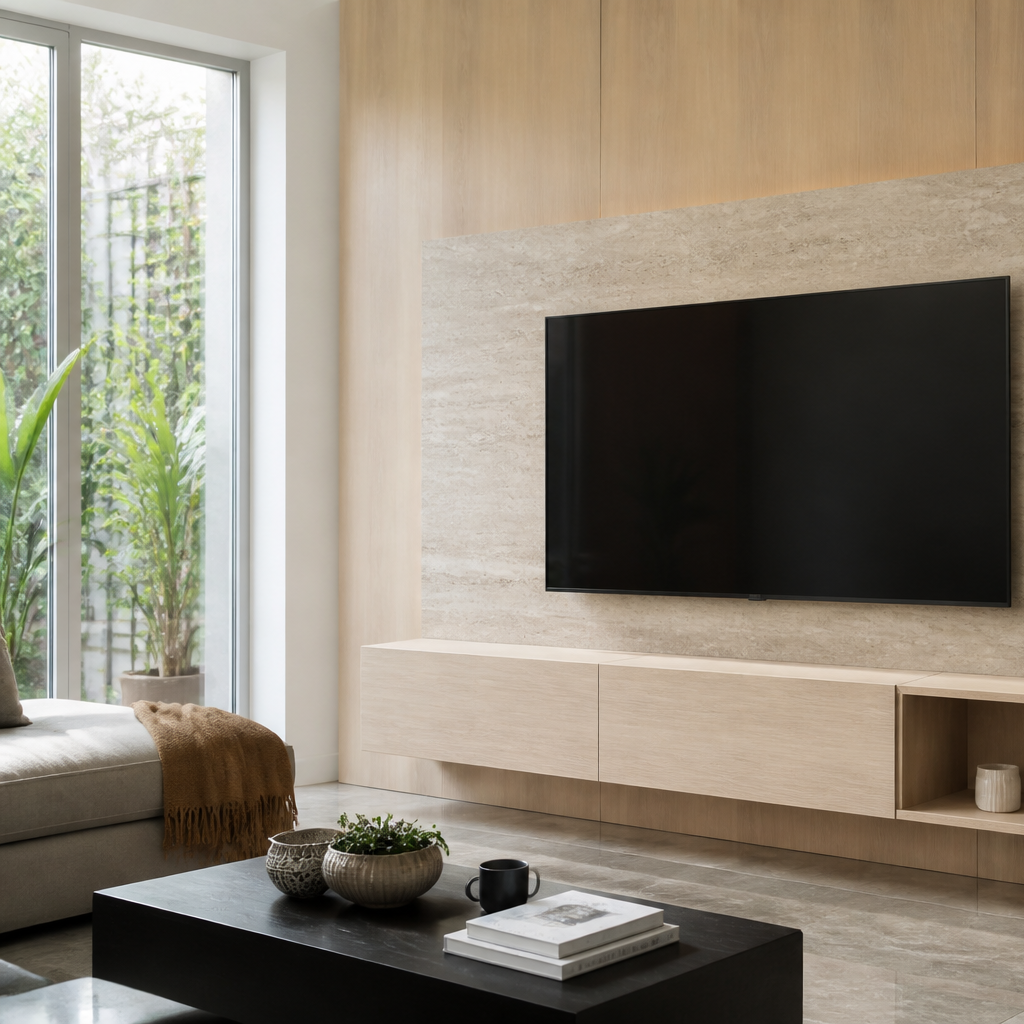 Parete TV con mobile sospeso Travertino Profilo 2