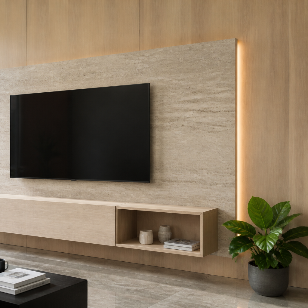 Parete TV con mobile sospeso Travertino Profilo 3