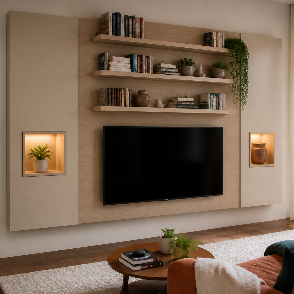 Parete TV con nicchie illuminate Rovere Atelier 1