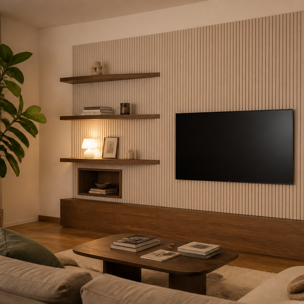 Parete TV con nicchie illuminate Noce Calma 2