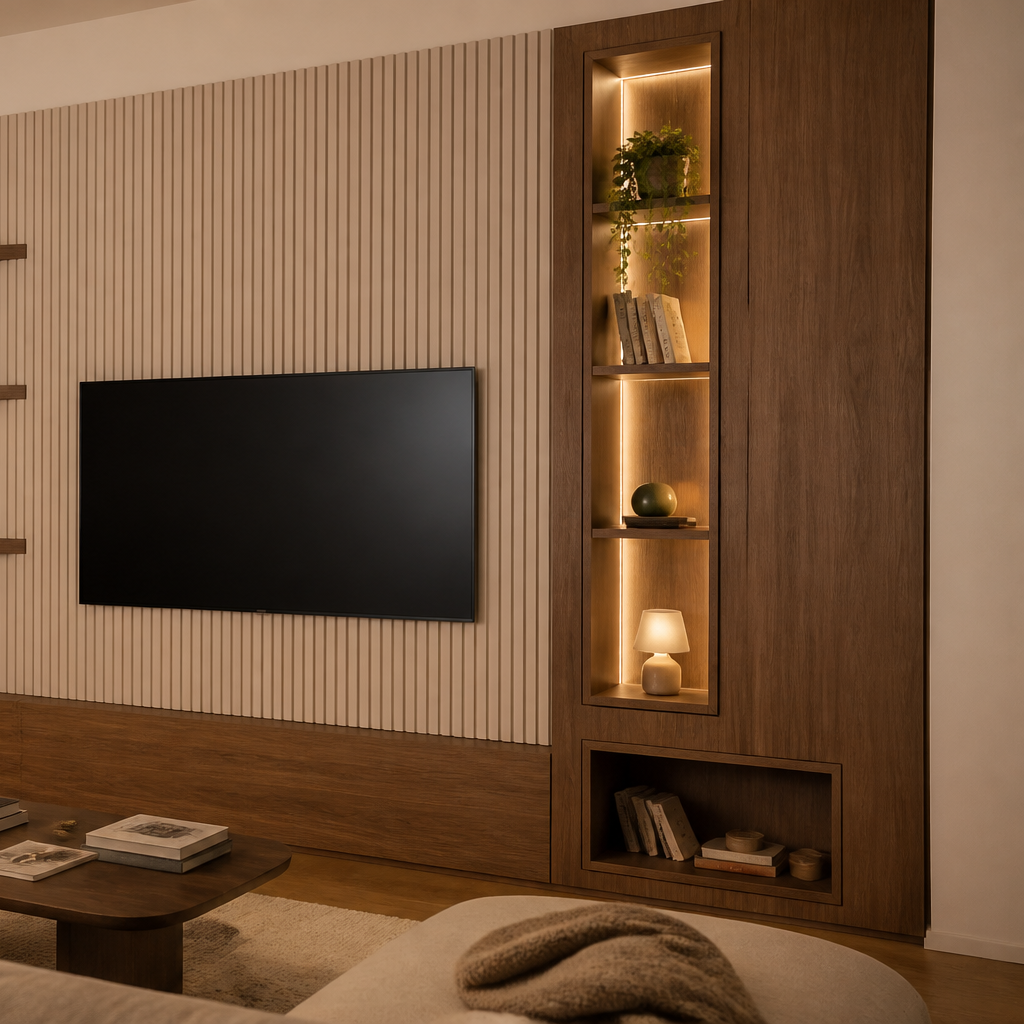 Parete TV con nicchie illuminate Noce Calma 3