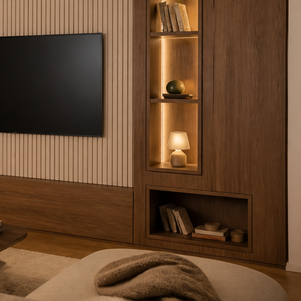 Parete TV con nicchie illuminate Noce Calma 5