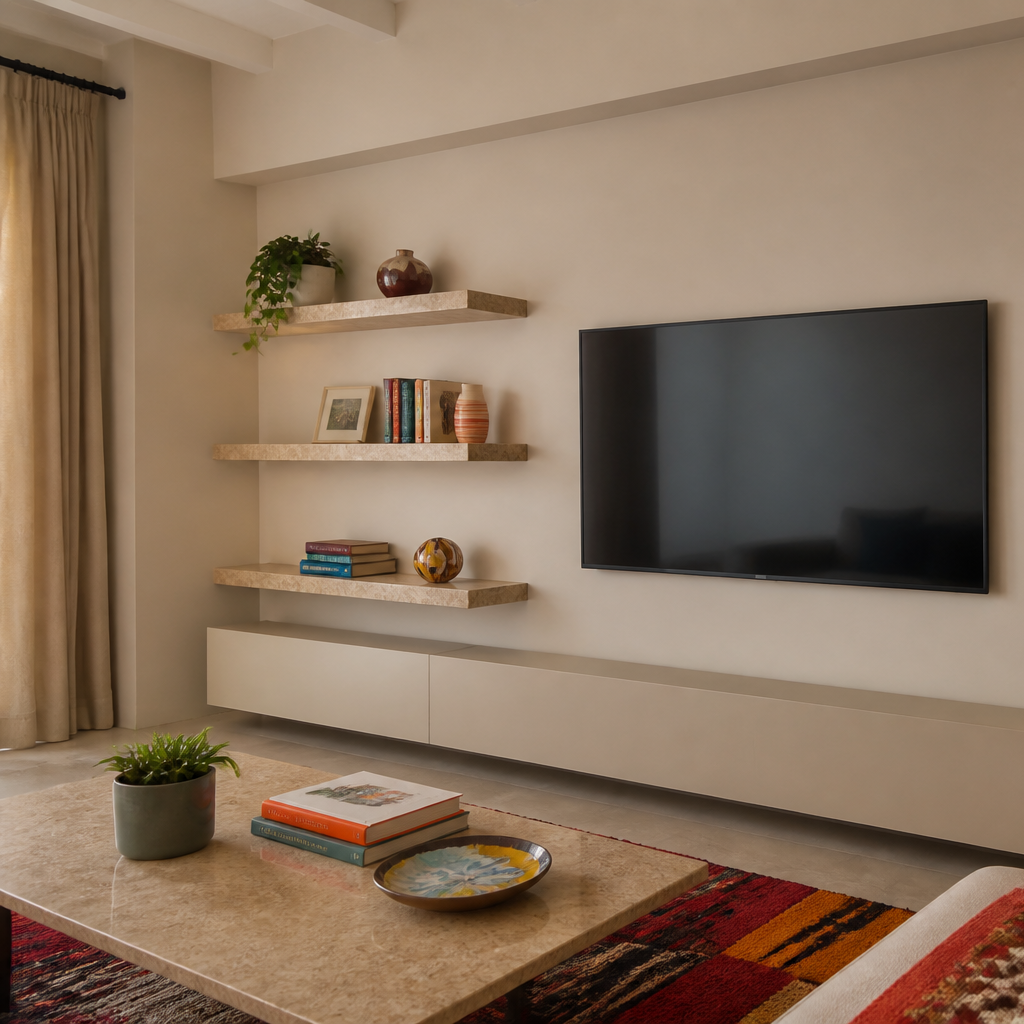 Parete TV con nicchie illuminate Travertino Linea 2