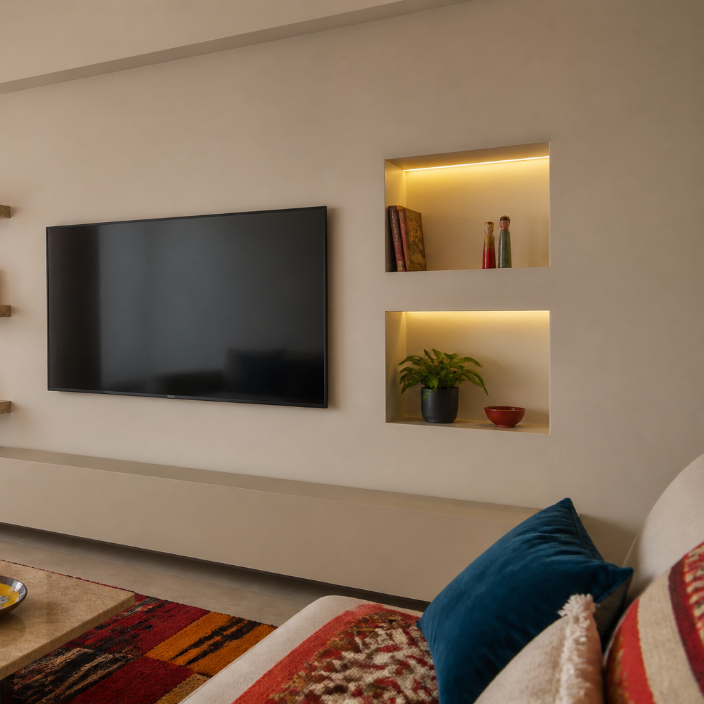 Parete TV con nicchie illuminate Travertino Linea 3