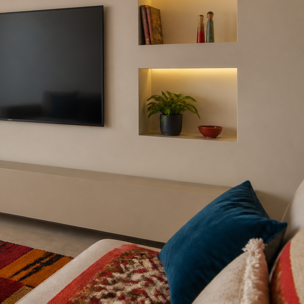 Parete TV con nicchie illuminate Travertino Linea 5