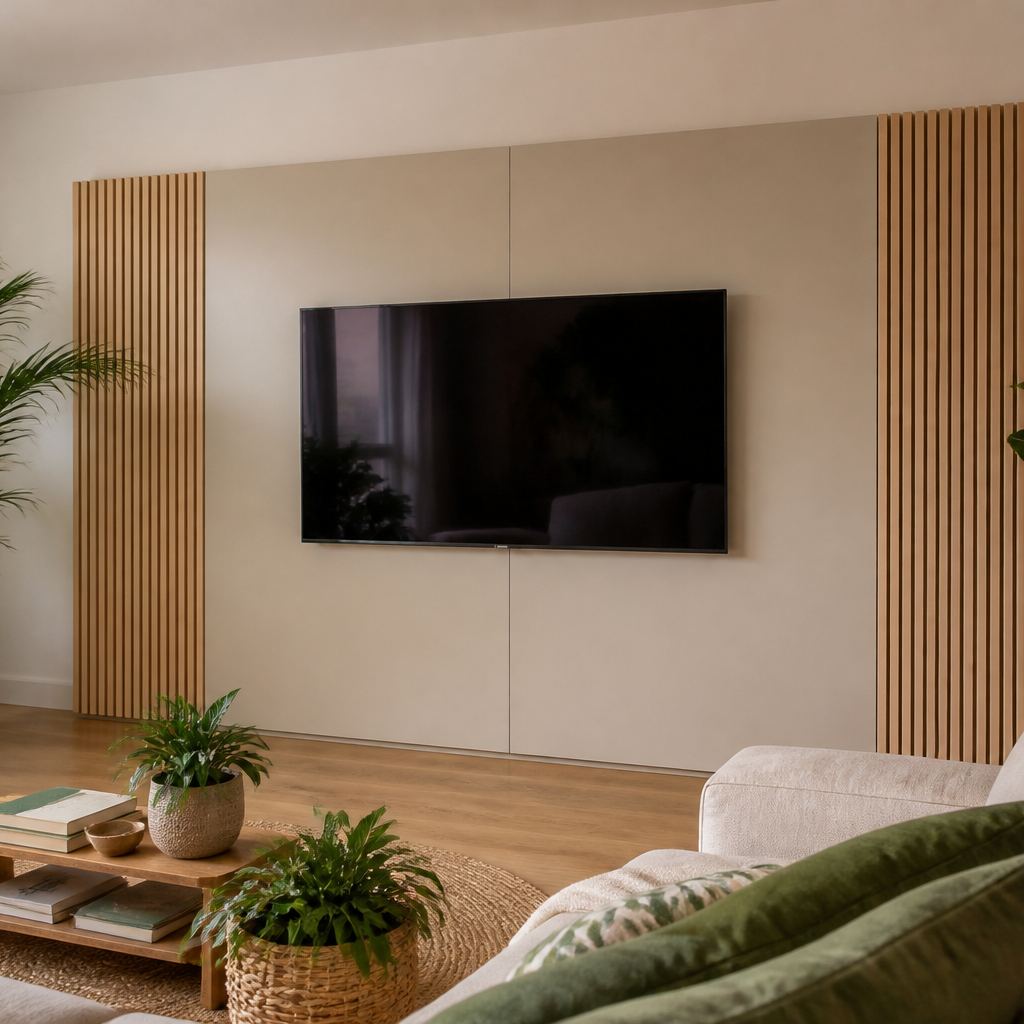 Parete TV effetto legno e listelli Rovere Ritmo 1