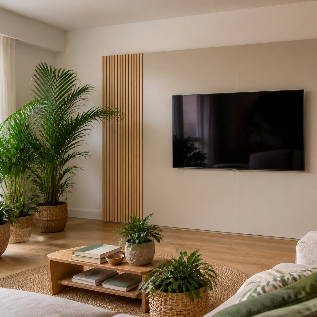 Parete TV effetto legno e listelli Rovere Ritmo 2