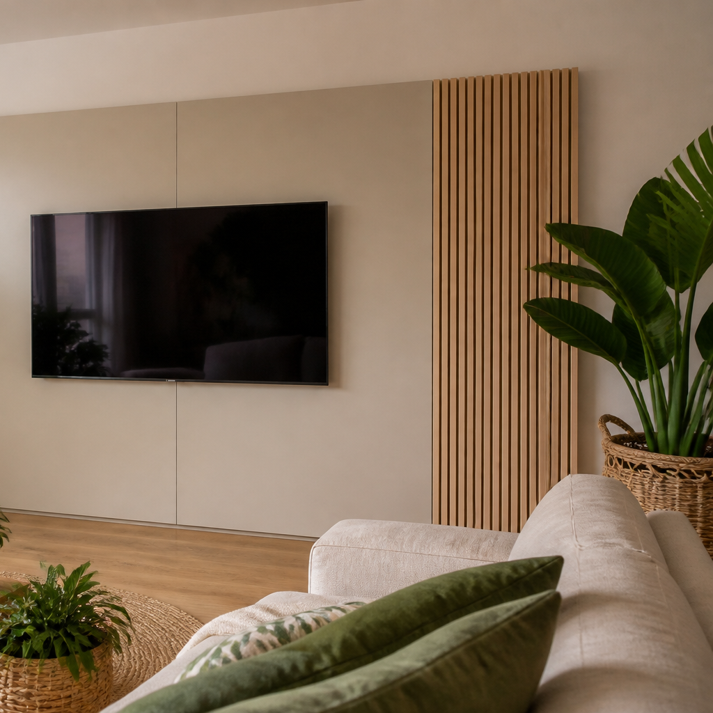 Parete TV effetto legno e listelli Rovere Ritmo 3
