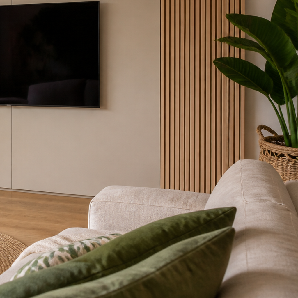 Parete TV effetto legno e listelli Rovere Ritmo 5