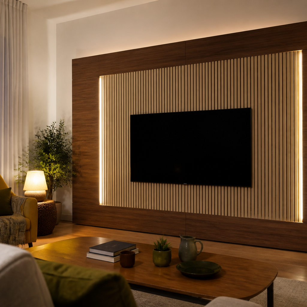Parete TV effetto legno e listelli Noce Aria 1