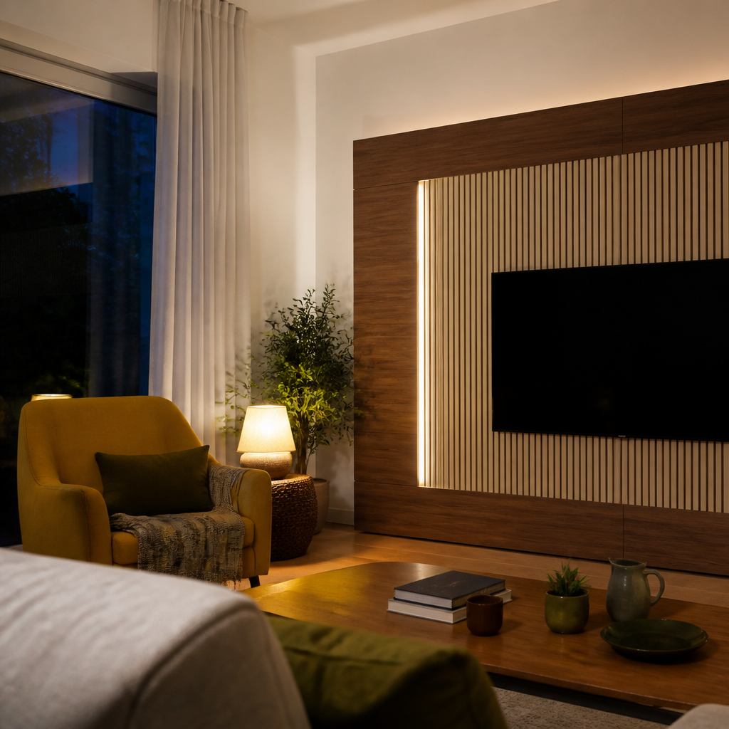Parete TV effetto legno e listelli Noce Aria 2