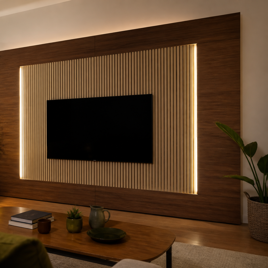 Parete TV effetto legno e listelli Noce Aria 3