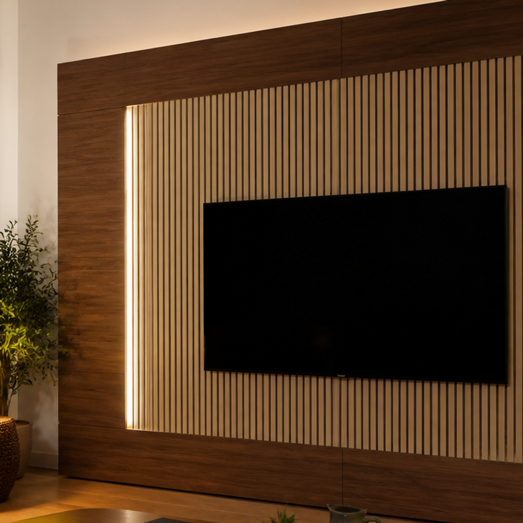 Parete TV effetto legno e listelli Noce Aria 4