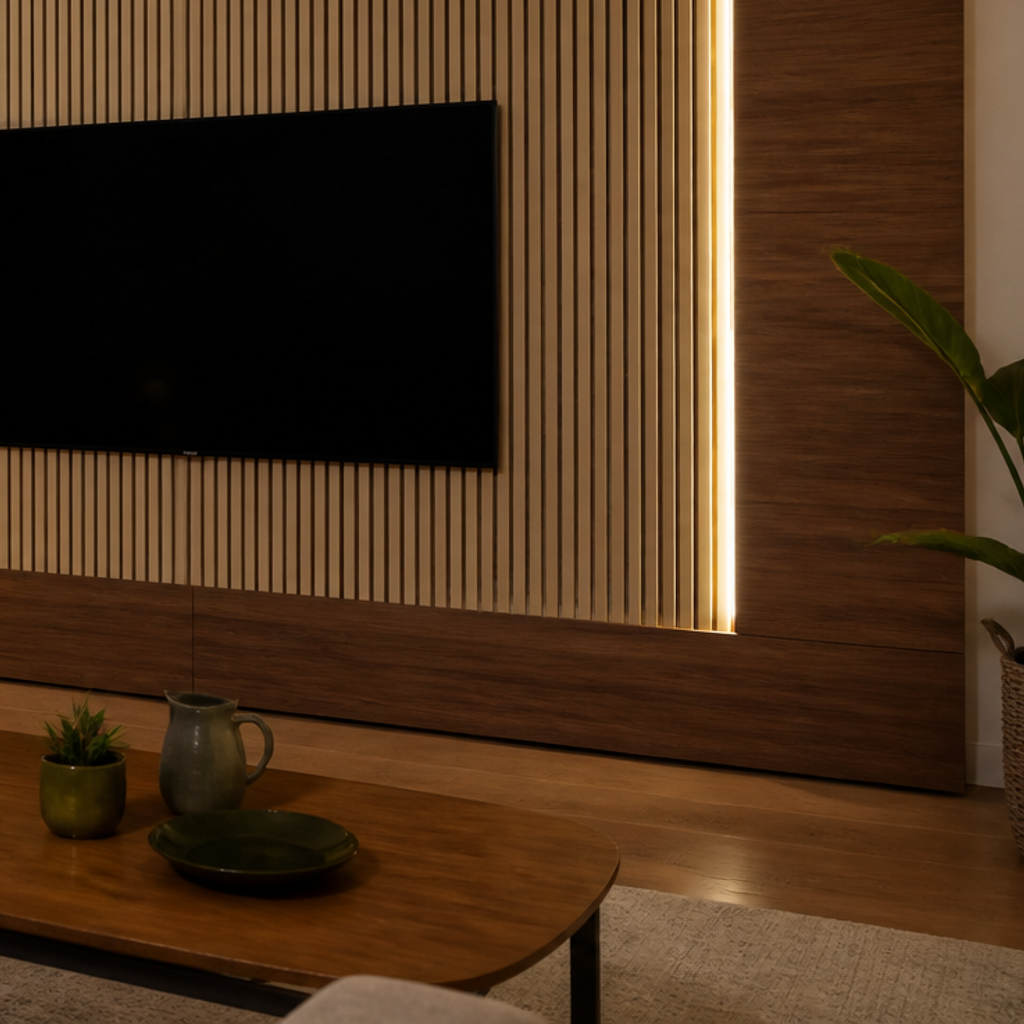 Parete TV effetto legno e listelli Noce Aria 5