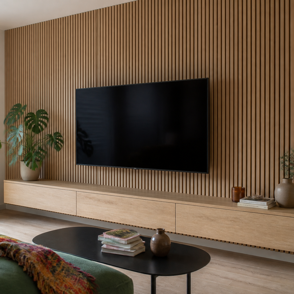 Parete TV effetto legno e listelli Rovere Materia 1