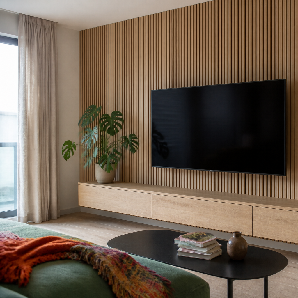 Parete TV effetto legno e listelli Rovere Materia 2