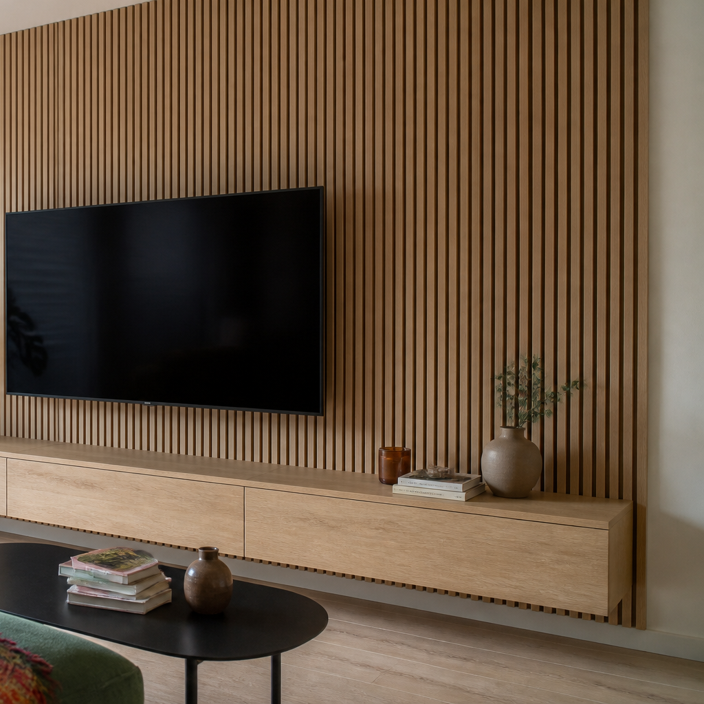 Parete TV effetto legno e listelli Rovere Materia 3