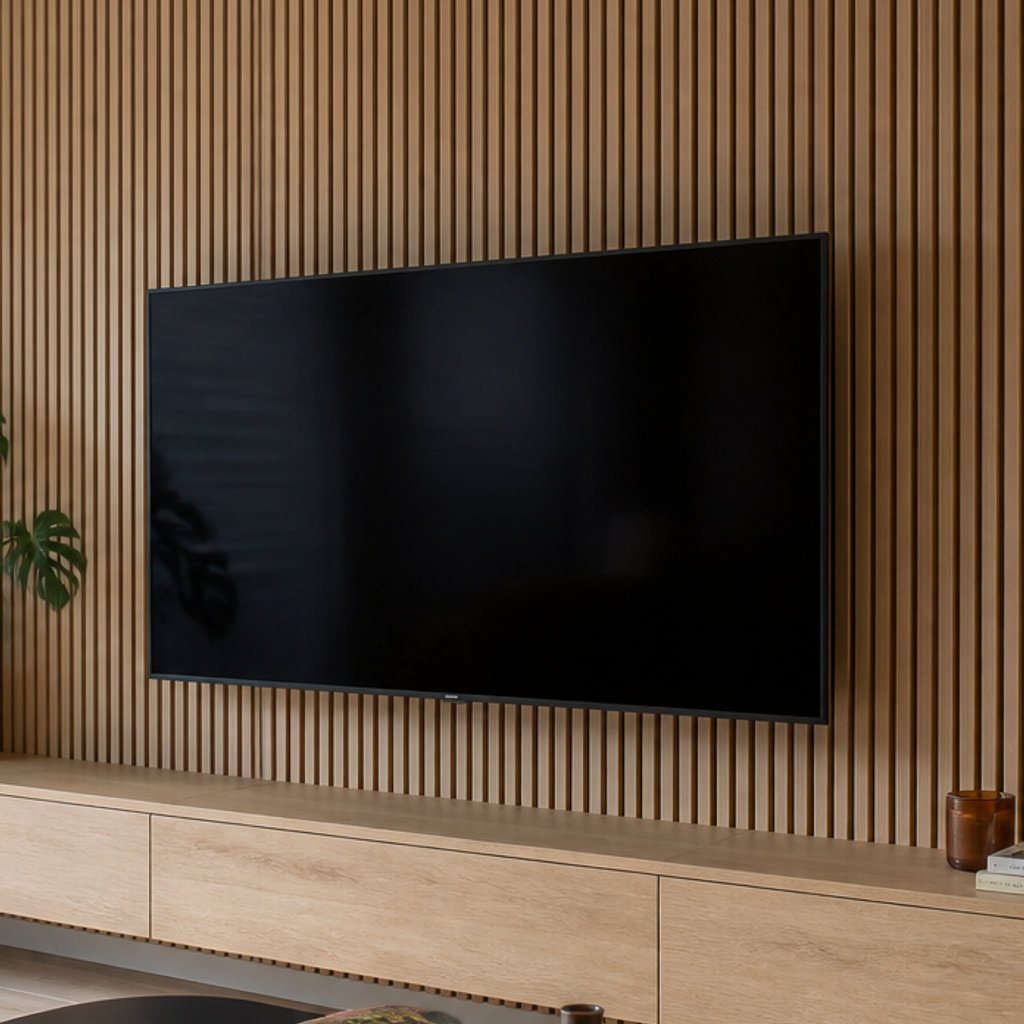 Parete TV effetto legno e listelli Rovere Materia 4