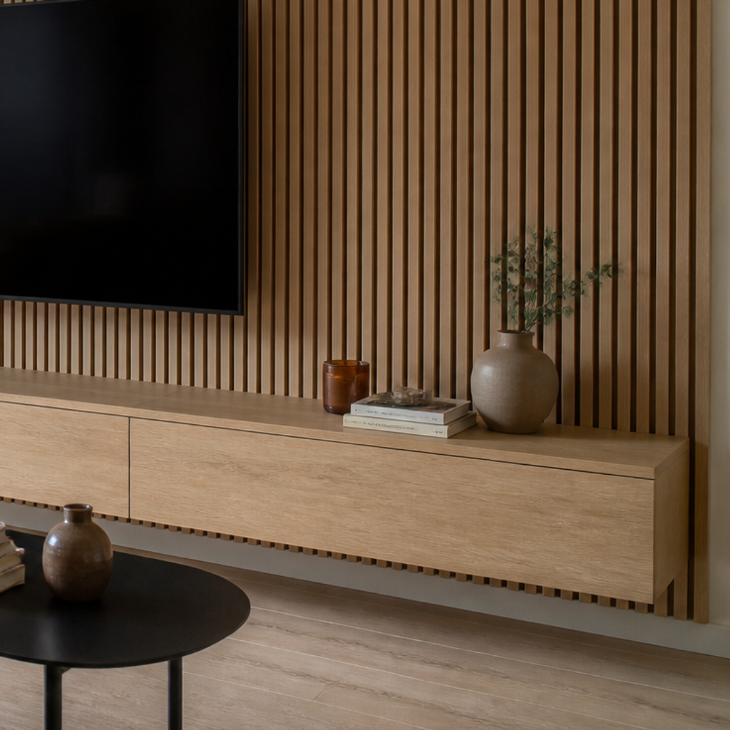 Parete TV effetto legno e listelli Rovere Materia 5
