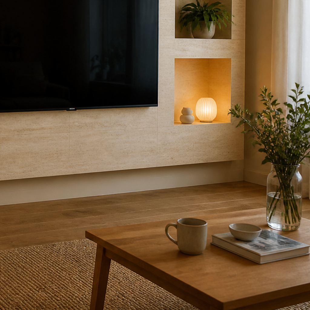 Parete TV effetto travertino Atelier 5