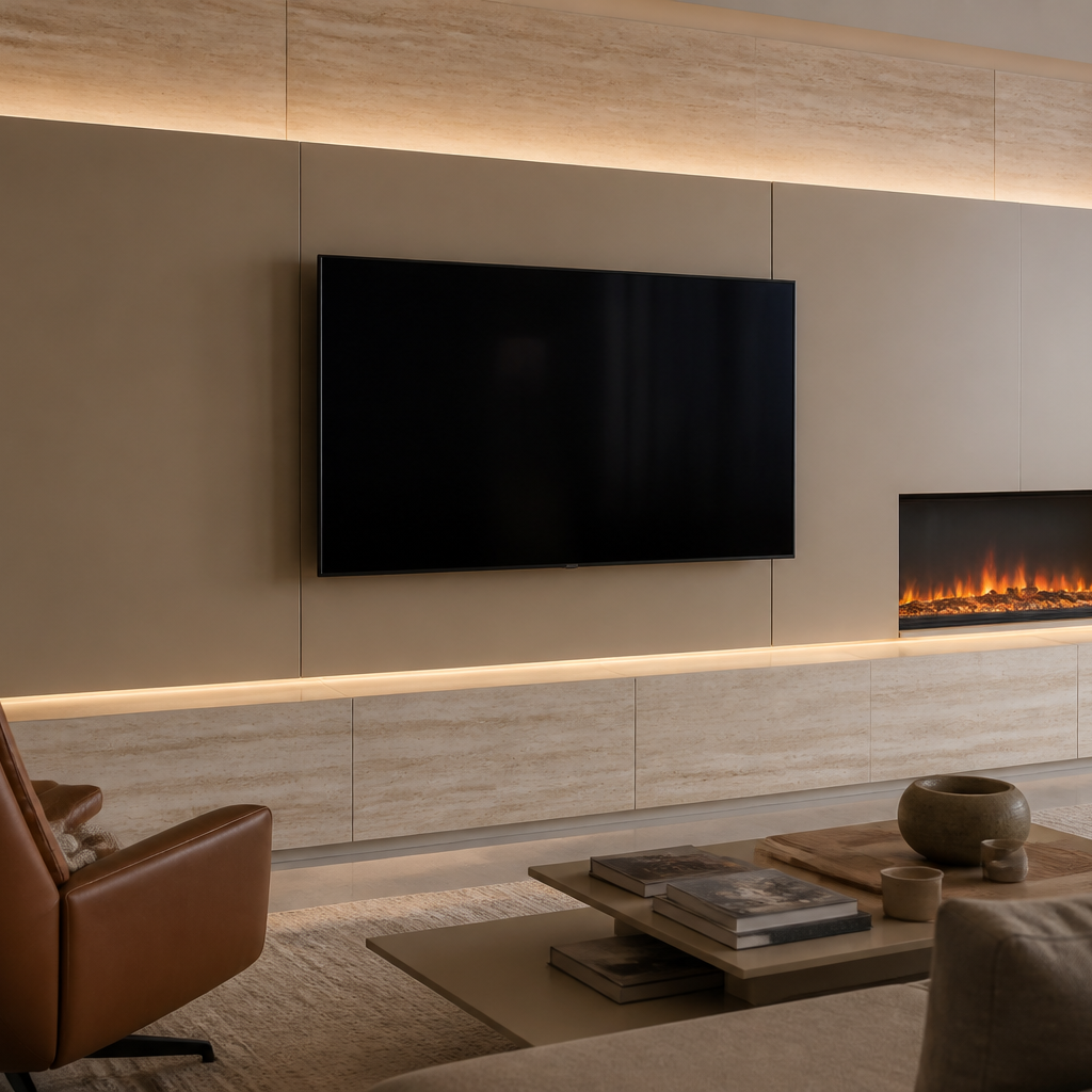 Parete TV con camino elettrico Travertino Ritmo 1