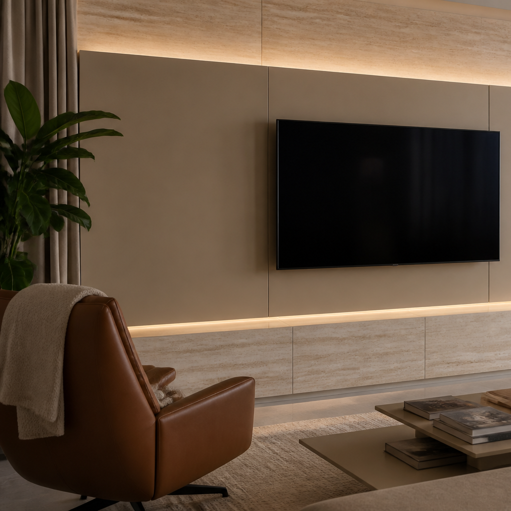 Parete TV con camino elettrico Travertino Ritmo 2
