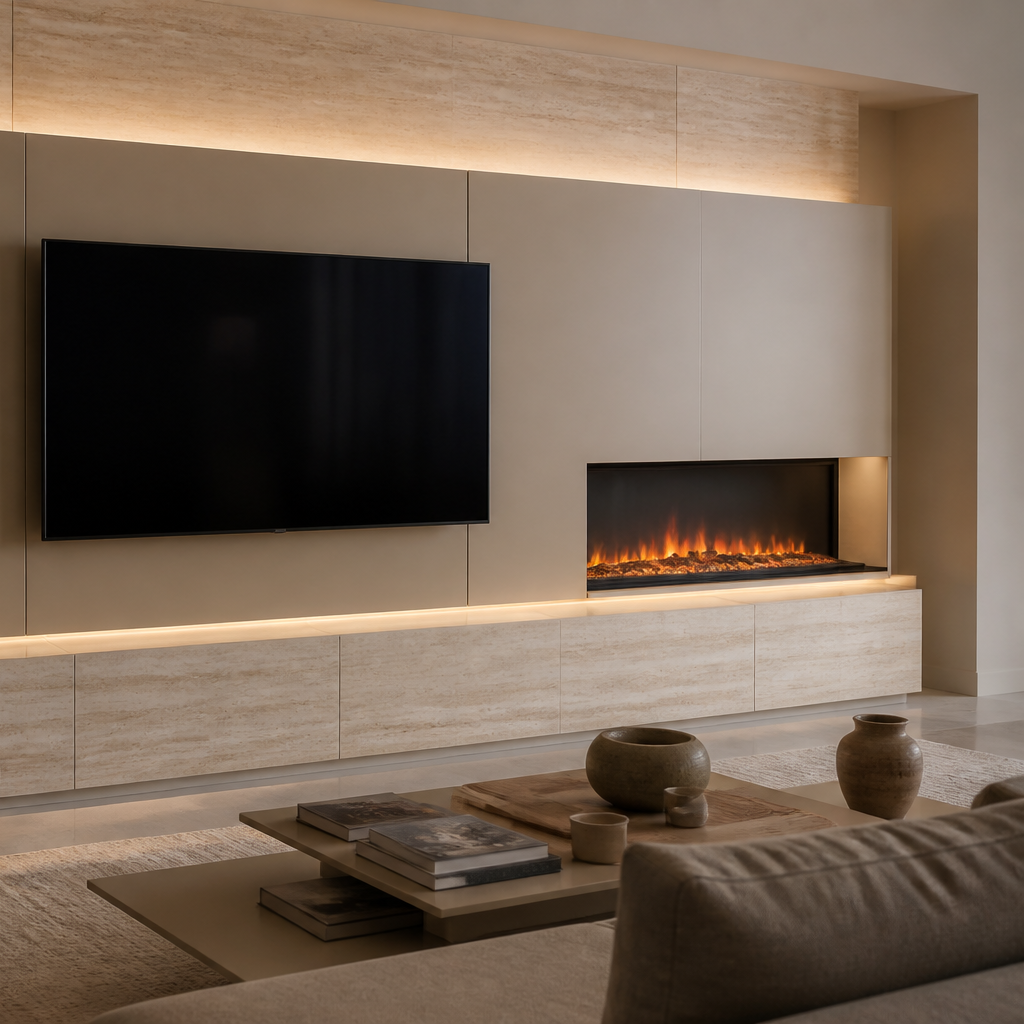 Parete TV con camino elettrico Travertino Ritmo 3