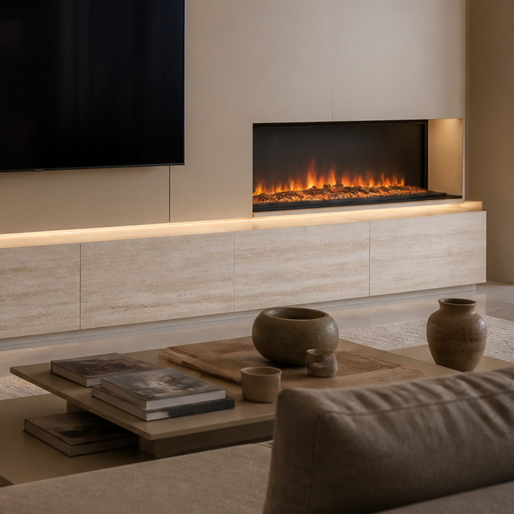 Parete TV con camino elettrico Travertino Ritmo 5