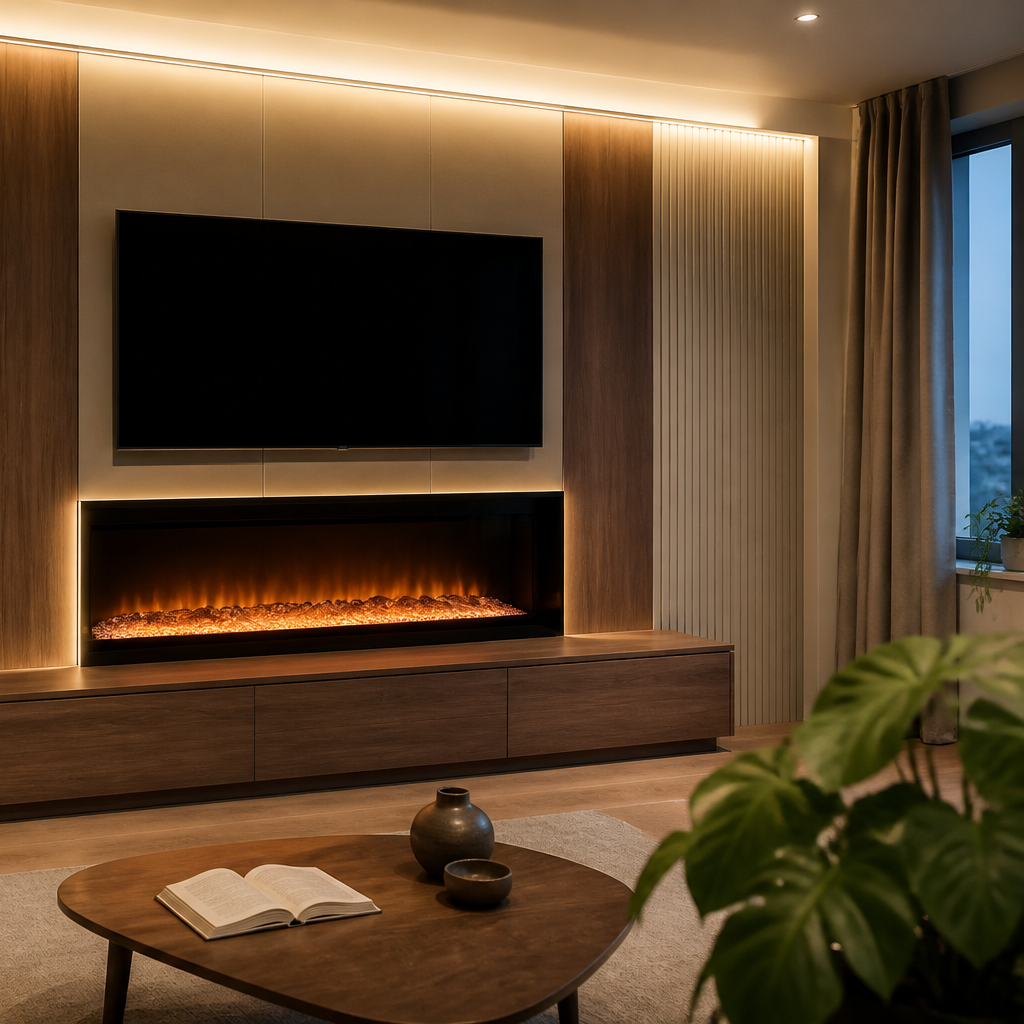 Parete TV con camino elettrico Noce Aria 3
