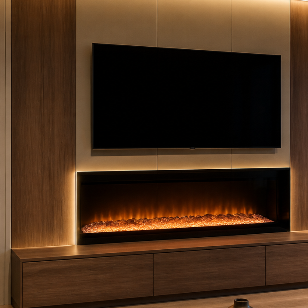 Parete TV con camino elettrico Noce Aria 4