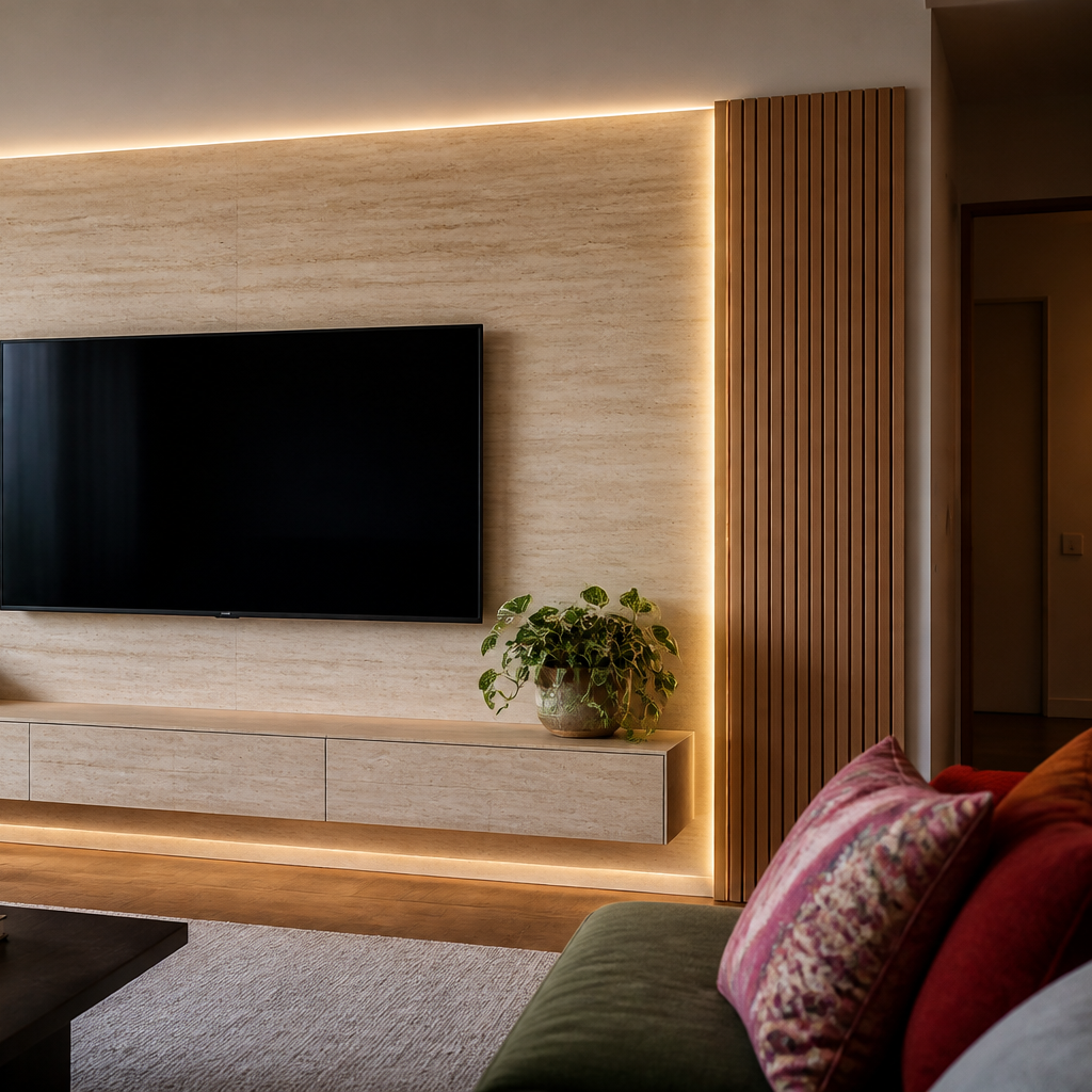 Parete TV full wall attrezzata Travertino Atelier 3