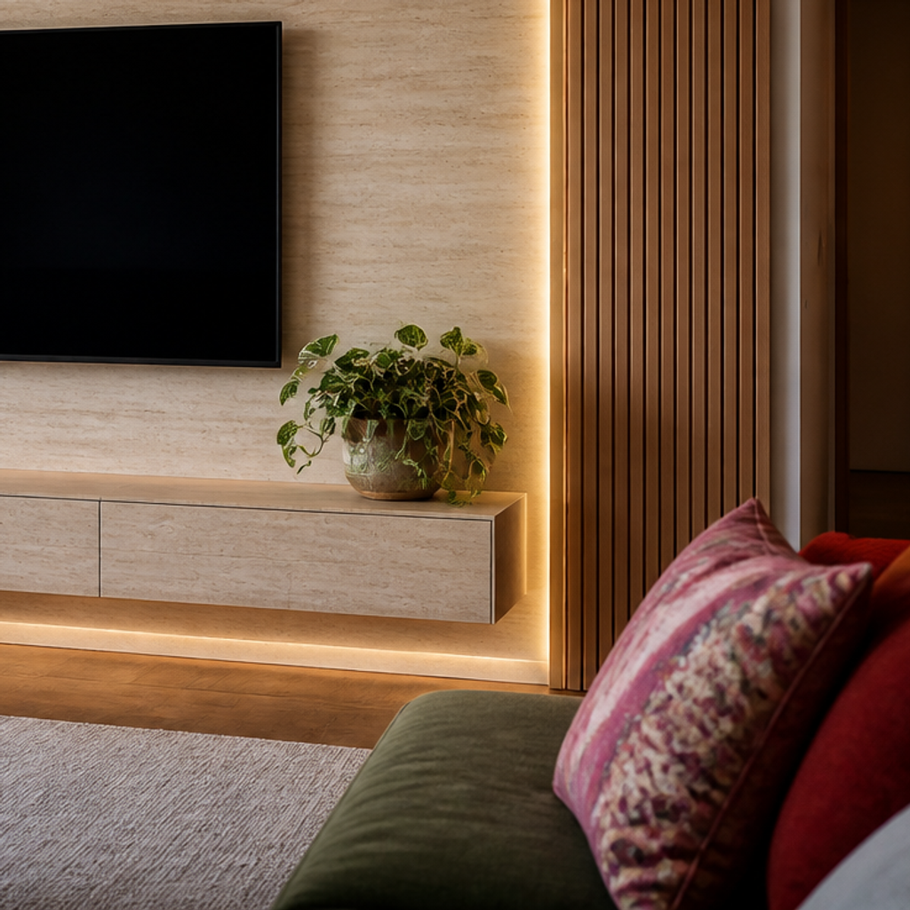 Parete TV full wall attrezzata Travertino Atelier 5