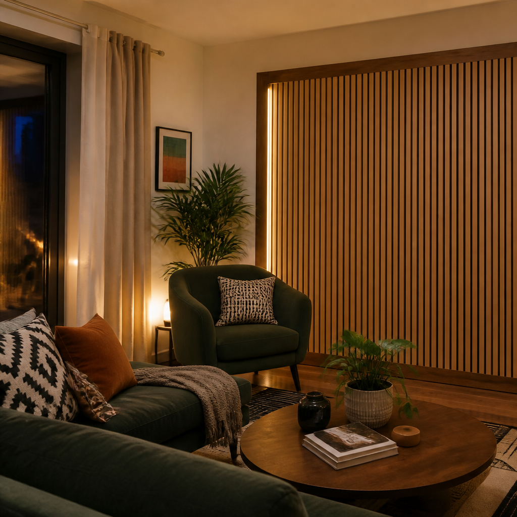 Parete con listelli in legno Noce Aria 2
