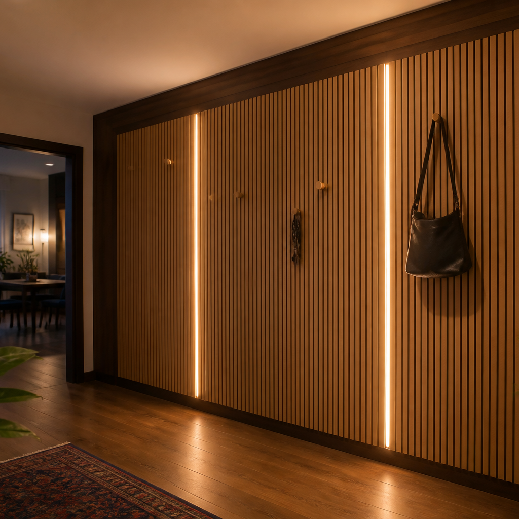 Parete Corridoio con listelli in legno Noce Forma 1