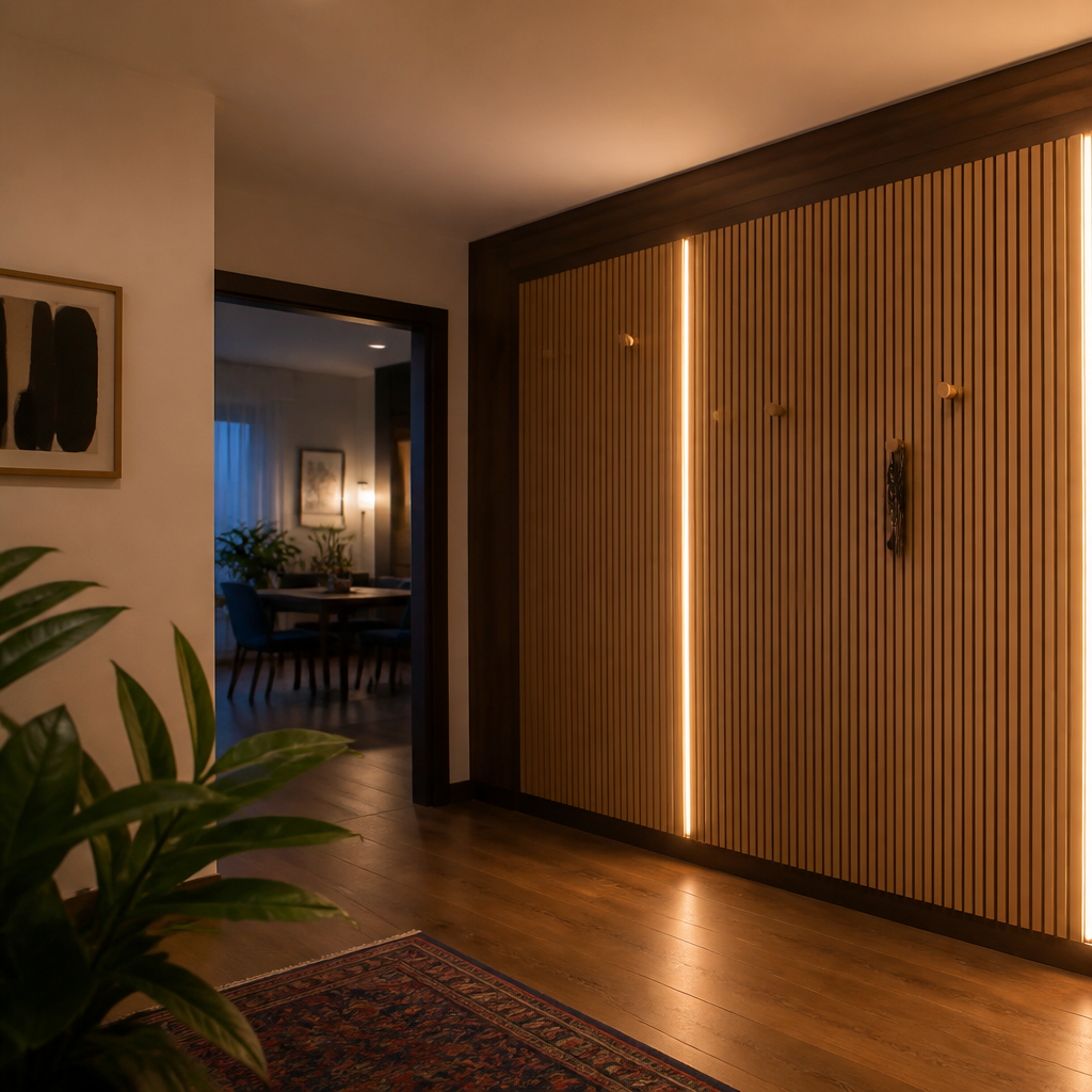 Parete Corridoio con listelli in legno Noce Forma 2